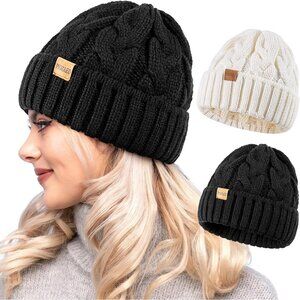 Women's Black White 2 Packs Stylish Winter Warm Knitted Beanie Skull Hat Cap